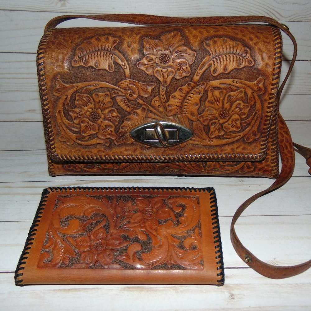 Hand-Tooled Leather Floral Western Vintage Shoulder Bag and Checkbook Cover